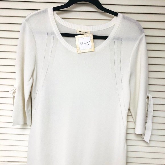 NWT Tea N Rose Knit Sweater Dress Women's L Off Winter White Split 3/4 Bow Slv - Picture 2 of 6